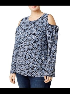 Michael Kors Black and Light Blue Floral Cold-Shoulder Tunic Size M